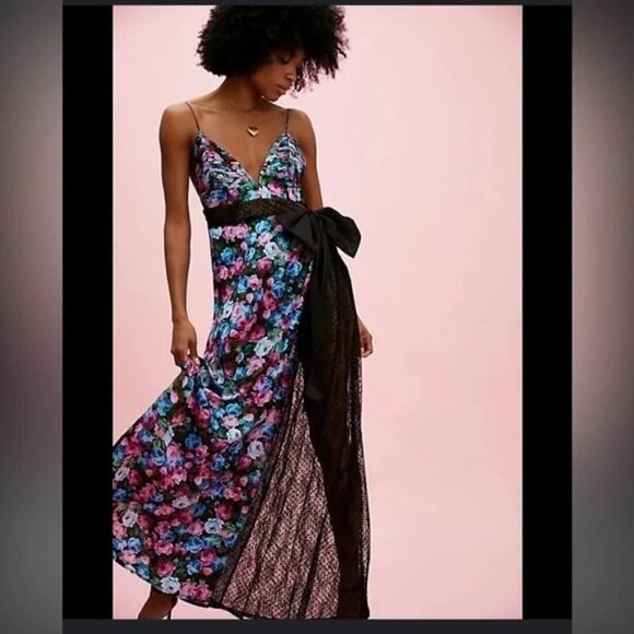 For Love and Lemons Marley Maxi Dress Pink Roses Black Missing Bow Size M NEW - Picture 2 of 9